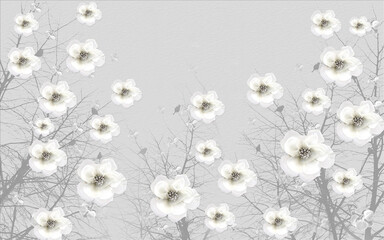 Fototapety  Ilustracja 3d, białe kwiaty z biżuterii na szarym tle z przezroczystymi drzewami