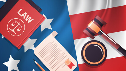 gavel and judge book on USA flag american presidential inauguration day celebration concept greeting card top angle view horizontal vector illustration