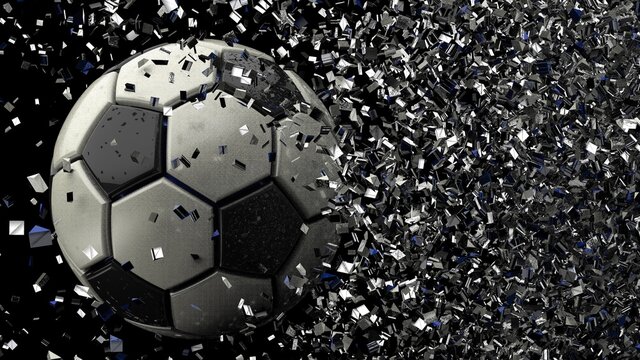 Soccer ball with Particles under Black Background. 3D sketch design and illustration. 3D CG. 3D high quality rendering.