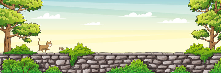 Cat on a wall. Hand drawn vector illustration with separate layers.