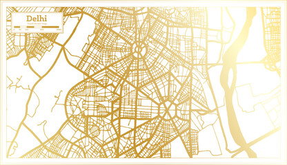 Delhi India City Map in Retro Style in Golden Color. Outline Map.