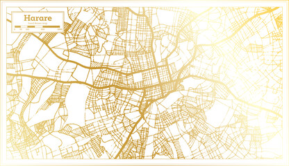 Harare Zimbabwe City Map in Retro Style in Golden Color. Outline Map.