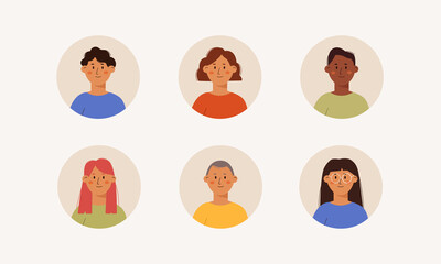 Set of different person portrait. Collection of people avatars isolated. Bundle of colleagues. Vector concept illustration of young male, female faces and shoulders. Man and woman faces at round frame