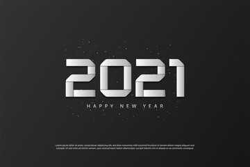 Happy New Year 2021 silver numbers typography for greeting cards, poster, Banner, Vector illustration. Isolated on Black background