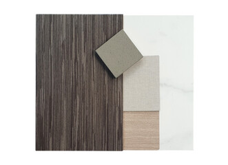 interior mood and tone of material board containing grey walnut veneer wood ,fabric and oak wood...