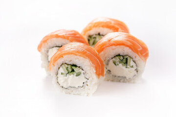 Philadelphia roll sushi on a white plate. Isolated. Restaurant concept. Close-up.