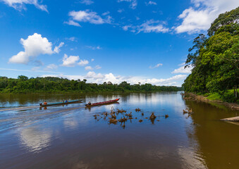 Two Wooden Boats Sailing Along The Suriname River. Beautiful Landscape Scenery In South America.