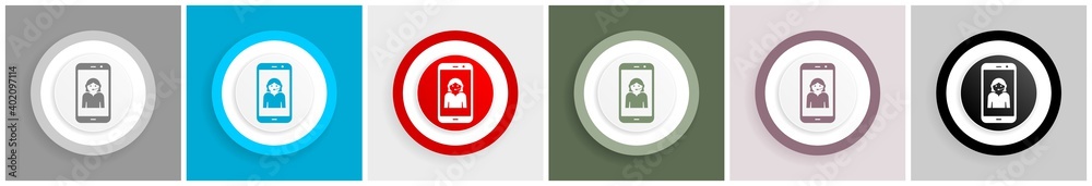 Poster Online customer service in smartphone, icon set, colorful flat design vector illustrations in 6 options for web design and mobile applications