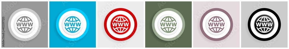 Aufkleber web, www and internet icon set, colorful flat design vector illustrations in 6 options for web desig