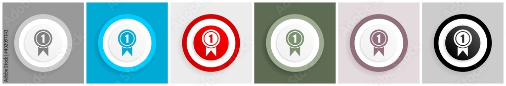 Aufkleber victory, first, winner icon set, colorful flat design vector illustrations in 6 options for web desi