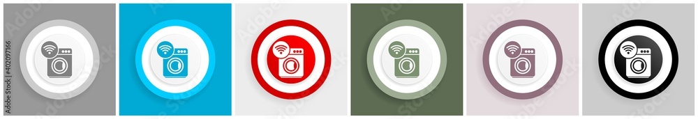 Aufkleber Washing machine, internet, wifi icon set, colorful flat design vector illustrations in 6 options for web design and mobile applications