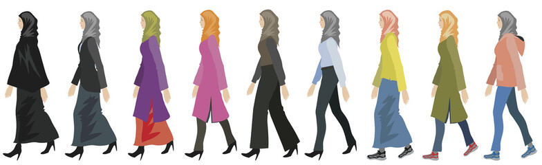 Set arab muslim hijab business woman  walking side view - Vector