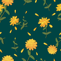 Fototapeta na wymiar Seamless pattern of yellow flower on dark green background template. Vector set of floral element for holiday invitation, greeting card and textile fashion design.