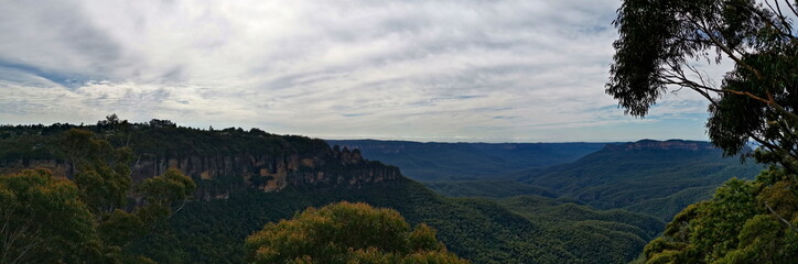 Beautiful panoramic view of mountains and valleys, Duke of York Lookout, Blue Mountain National Park, New South Wales, Australia
