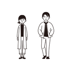 若い男女のイラスト【線画・塗りなし】