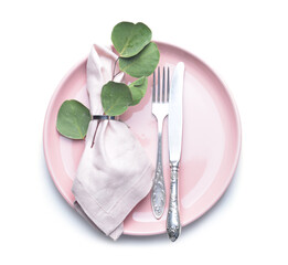 Beautiful table setting on white background