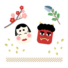 福の神と鬼と豆まき梅の花節分イラスト素材