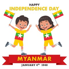 A pair of boy and girl are celebrating Myanmar Independence Day while holding the flag of Myanmar and wearing a shirt that matches the color of the Myanmar