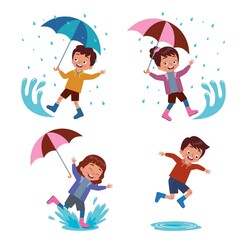 a boys and girl carrying an umbrella playing happily in a puddle of rain