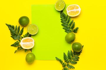 Composition with blank paper sheet and citruses on color background