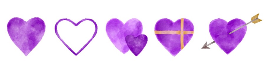 5種類の紫のハートのイラストセット　水彩風イラスト