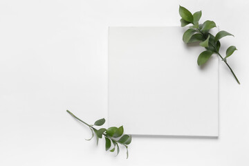 Blank paper sheet and green leaves on white background