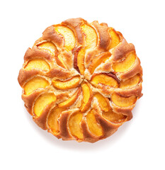 Tasty peach pie on white background