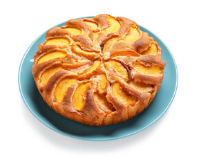 Plate with tasty peach pie on white background