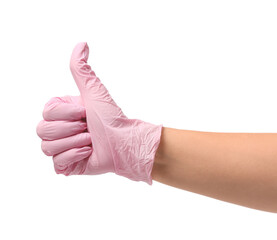 Hand in protective glove showing thumb-up on white background