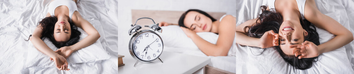 Naklejka premium collage of young woman in underwear lying in bed, banner