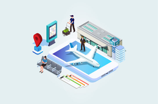Modern Isometric Online purchase or booking of tickets for an airplane.Travel around the world and countries. Recreation and Business trip. Vector isometric illustration Suitable for Infographics