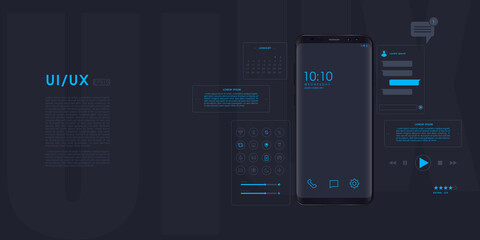 UI or UX design concept, illustration of smartphone, mobile app or website with multiple option. Black smartphone in black background. Vector illustration