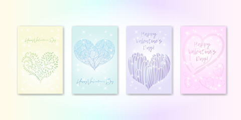 set valentine's day greeting card banner invitation flyer brochure. pastel color delicate cute feminine style. heart shape and minimalist fashion lettering