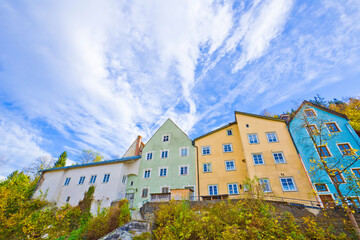 Street cafe in the Fussen old town city center. Fussen is a small town in Bavaria, Germany.