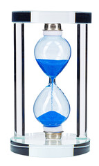 Blue hourglass isolated on white background close up