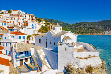 View of town and port at the island Skopelos, northern Sporades, Greece