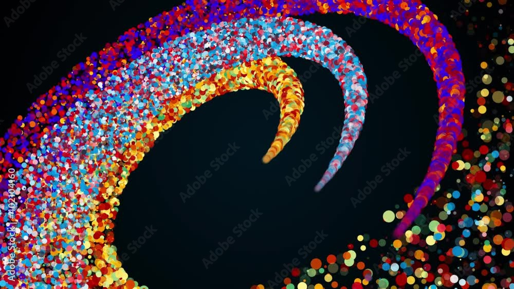 Poster merging three radial stripes of colored particles into a spiral. magical festive effect with bokeh a