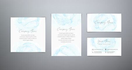 Fototapeta na wymiar Fashion collection blue cards. Set vector modern watercolor templates. Blue splash isolated on white background. Watercolor design