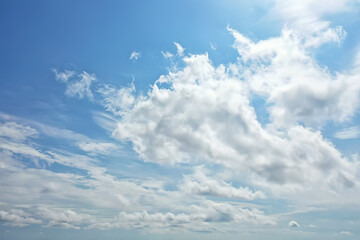white clouds on blue sky background, abstract seasonal wallpaper, sunny day atmosphere