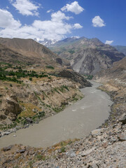 Beautiful view of the Panj river valley between Tajikistan and Afghanistan from Darvaz district in Gorno-Badakshan, the Pamir mountain region of Tajikistan along the Pamir Highway