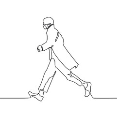 man in a mask and coat runs in a mask. one line drawing of a man in warm winter clothes hurrying. a guy in an unbuttoned coat and a mask walks