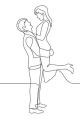 man holds a woman in his arms, they smile at each other. one line drawing bride and groom are in love and happy. heterosexual couple solemnly dressed and cuddling