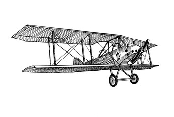 Vintage style retro propeller airplane hand drawn llustration realistic doodle sketch (originals, no tracing) - 402108761
