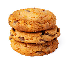 Stacked chocolate chip cookies isolated on white background