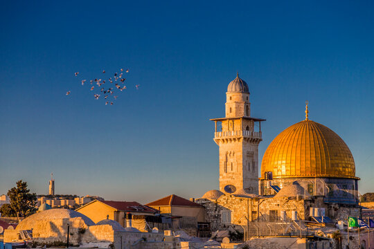 Jerusalem, Israel - June 12, 2019: Exterior view of the Dome of the Rock or Al Qubbat as-Sakhrah in Arabic. Located in Jerusalem, the monumental shrine is a sacred Islamic destination.