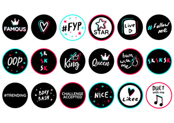 Birthday topper round circle shape. Youth teens party props. Modern advertising social media birthday celebration design. Tik icon fashion photo booth. Black blue pink tok sticker white background.