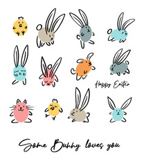 Cartoon doodle happy Easter sign card, egg, some bunny loves you, chicken, cat, dog. Vector doodle illustration. Black outline bunny ears. Cute easter funny hand drawn sketch on white background.