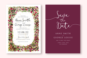 wedding invitation card with watercolor floral garden frame
