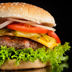 Juicy beef burger. Macro view. Closeup