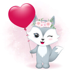 Cute Fox holding balloon valentine's day concept illustration